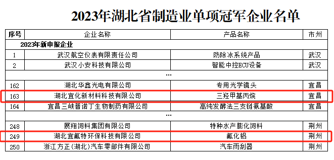 宜化新材料、宜氟特環(huán)保公司獲評2023年湖北省制造業(yè)單項冠軍企業(yè)(圖1)